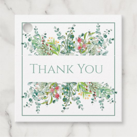 花のエレガントなグリーンウォーターカラー感謝カード フェイバータグ (正面)