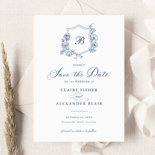 花のエレガントなローズクレストモノグラム セーブ・ザ・デート 招待状