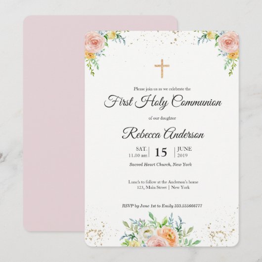 花のエレガントな最初聖餐の宗教イベント 招待状 (正面/裏面)