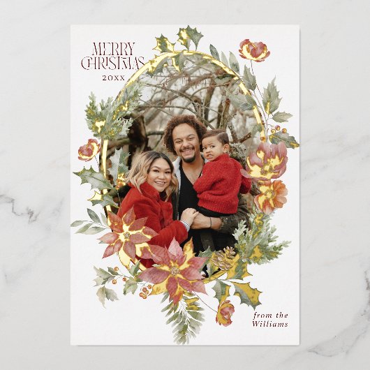 花のエレガントな水彩画のクリスマス写真 箔シーズンカード (正面)