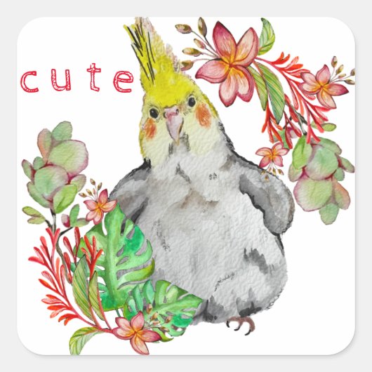 花のオウムのおもしろい水色スケッチ スクエアシール (正面)