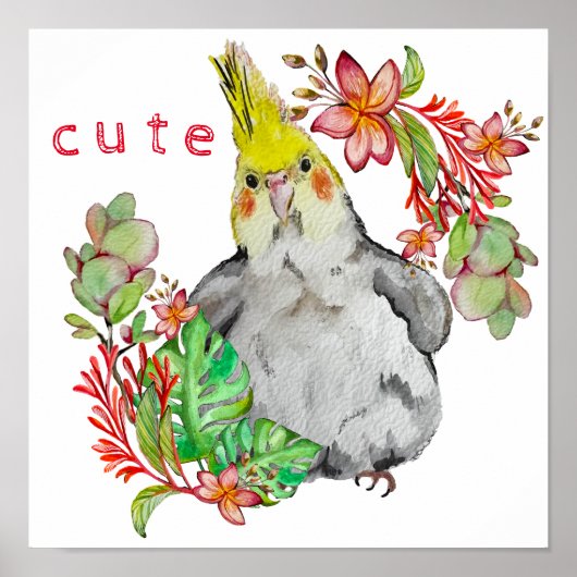 花のオウムのおもしろい水色スケッチ ポスター (正面)