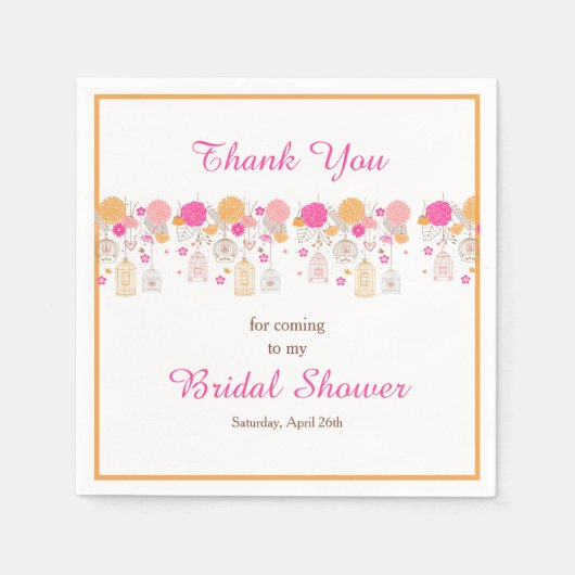 花のオレンジとピンクの鳥かご ブライダルシャワー スタンダードカクテルナプキン (正面)