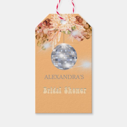 花のオレンジ色のディスコボール ブライダルシャワーステッカー ギフトタグ (正面)