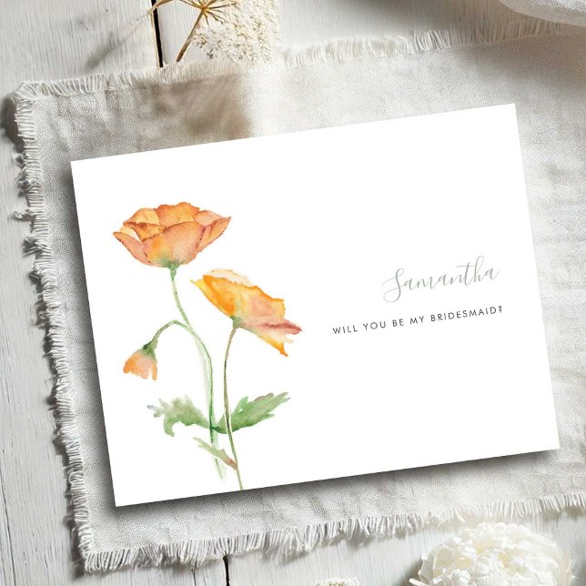 花のオレンジ色のポピー 水彩 結婚式の花嫁の友達へのカード (Bridesmaid proposal cards watercolor orange poppy flowers by Victoria Grigaliunas)