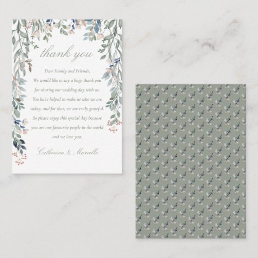 花のカスケード　サージグリーン　結婚式　お礼 プレイスカード (正面/裏面)