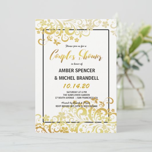 花のカップルのシャワーの招待状を活気づく金ゴールド 招待状 (スタンド正面)