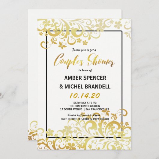 花のカップルのシャワーの招待状を活気づく金ゴールド 招待状 (正面/裏面)