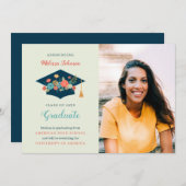 花のキャップの卒業パーティーのお知らせ 招待状 (正面/裏面)