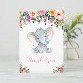 花のキュートなゾウ 赤ちゃんの女の子 ピンクとグレー サンキューカード (スタンド正面)