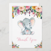 花のキュートなゾウ 赤ちゃんの女の子 ピンクとグレー サンキューカード (正面/裏面)
