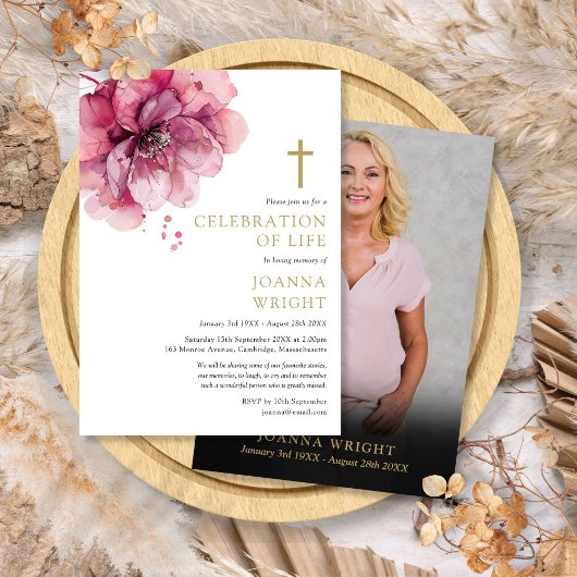 花のキリスト教のお別れの写真付きライフセレブレーション 招待状