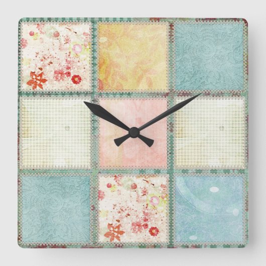 花のキルトの正方形 スクエア壁時計 (正面)