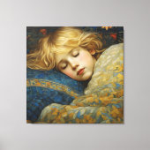 花のクイルトにくるまれた夢見る眠る子供 キャンバスプリント (正面)