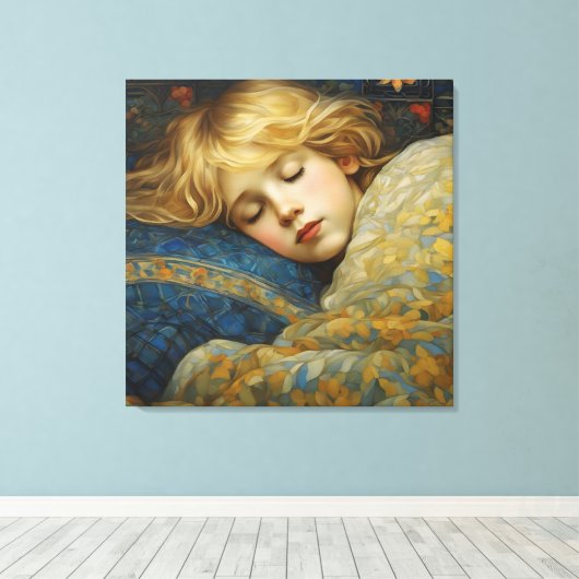 花のクイルトにくるまれた夢見る眠る子供 キャンバスプリント (インサイチュ (ウッドフロア))