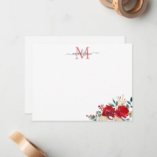 花のクリスマス 赤い実のホーリー モノグラム ノートカード (正面/裏面インサイチュ)