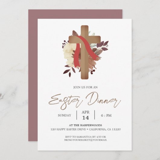 花のクロス キリスト教 春 イースター ディナー 招待状 (正面/裏面)