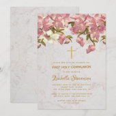 花のクロス ピンクのランガージー 大理石のファーストコミュニオン 招待状 (正面/裏面)