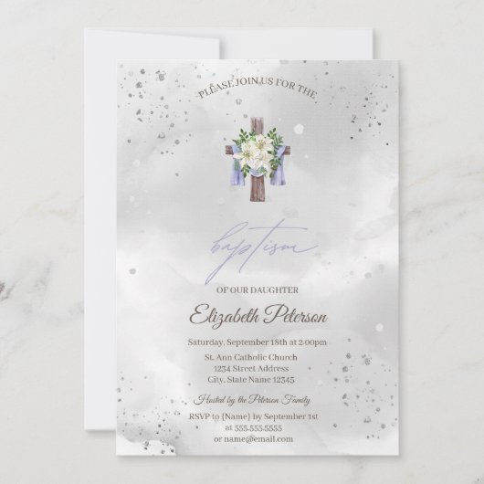 花のクロス 洗礼 招待状 (正面)