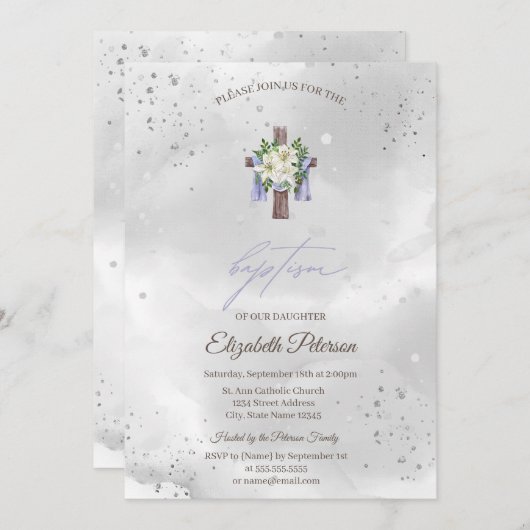 花のクロス 洗礼 招待状 (正面/裏面)