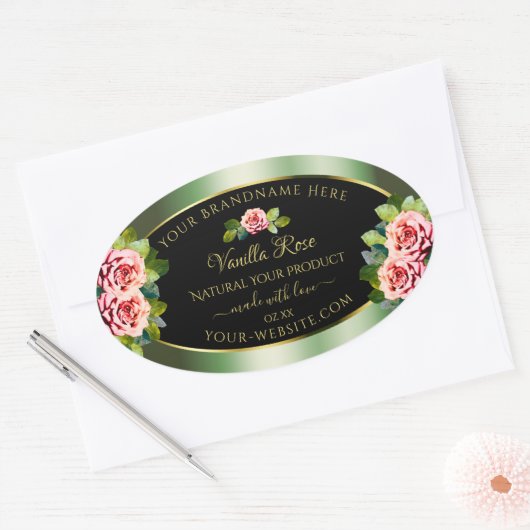花のグリーン ブラック ゴールド ラベル ラベル ピンクのバラ (封筒)