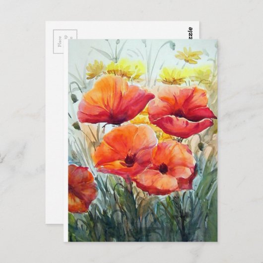 花のケシ、水彩画の絵画の美しい ポストカード (正面/裏面)