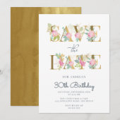 花のゴールドとピンクの文字の誕生日 招待状 (正面/裏面)