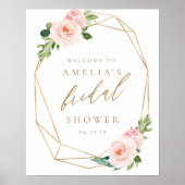 花のゴールドのウェディングシャワーのお出迎え看板 ポスター (正面)