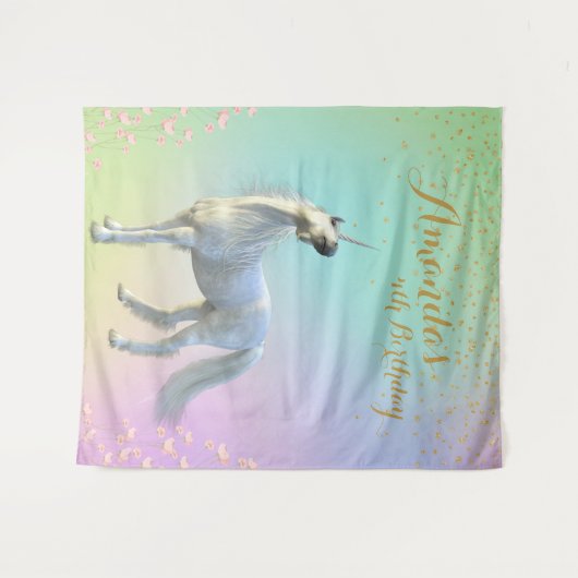 花のゴールドユニコーンバースデーバックドロップフォトブース タペストリー (正面(横))