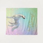 花のゴールドユニコーンバースデー背景写真ブース タペストリー (正面(横))