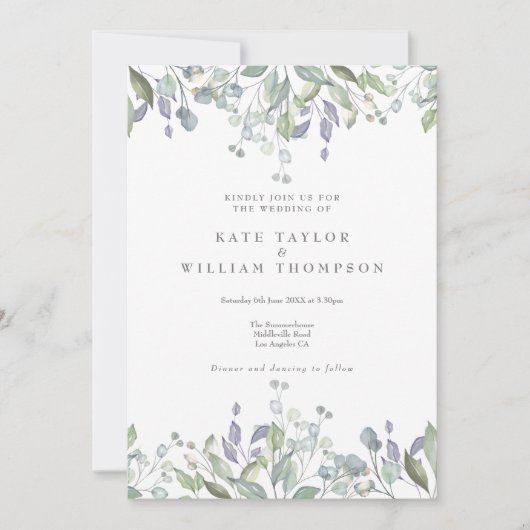 花のサジ・ライラック・グリーンが一つになったウェディング 招待状 (正面)