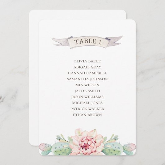 花のサボテンと多肉植物。結婚式の着席表 招待状 (正面/裏面)