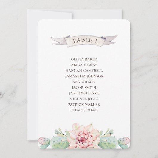 花のサボテンと多肉植物。結婚式の着席表 招待状 (正面)