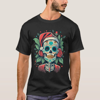 花のサンタ骸糖　ローズ　死者の日アート Tシャツ