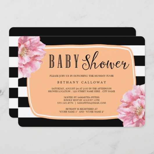 花のシックなベビーシャワーの招待状/モモ 招待状 (正面/裏面)