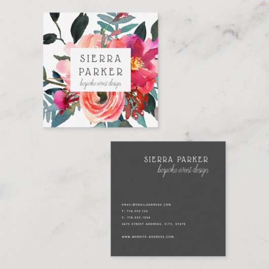 花のシャクヤクの水彩画のデザインの名刺 スクエア名刺 (正面/裏面)