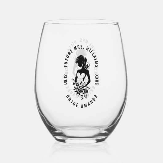 花のシルエットを持つパーソナライズ可能な文字花嫁 ステムなしワイングラス (裏面)