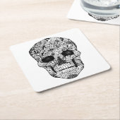 花のスカルの落書き スクエアペーパーコースター (アングル)