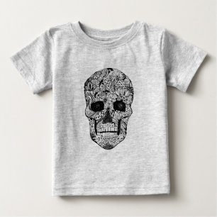 花のスカルの落書き ベビーTシャツ