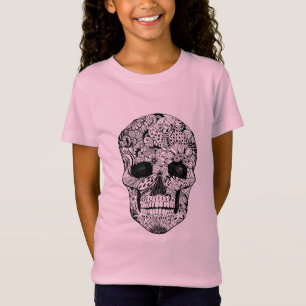 花のスカルの落書き Tシャツ