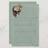 花のスカル並び紙 – 緑の文房具 便箋 (正面/裏面)