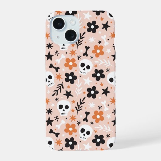 花のスカル模様 iPhone 15ケース (裏面)