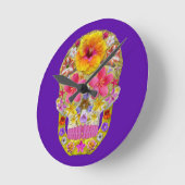 花のスカル4 – トロピカル ラウンド壁時計 (傾斜)