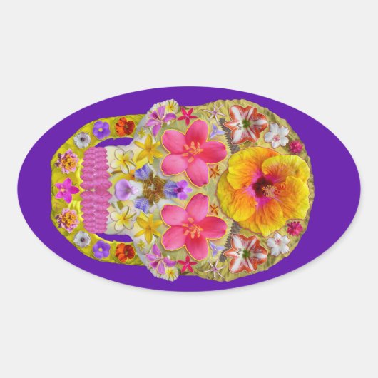 花のスカル4 – トロピカル 楕円形シール (正面)