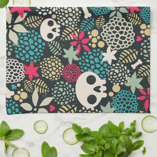 花のスカル キッチンタオル (折り畳み)