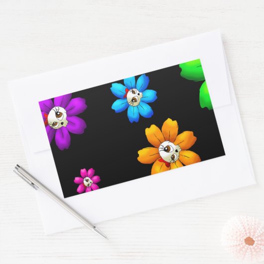 花のスカル 長方形シール (封筒)