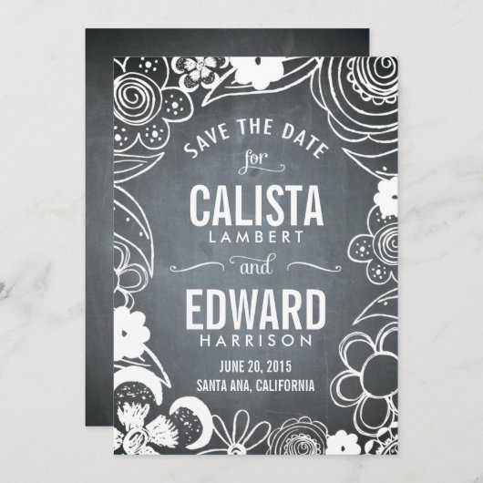 花のスケッチ Save The Date - 黒板 セーブザデート (正面/裏面)