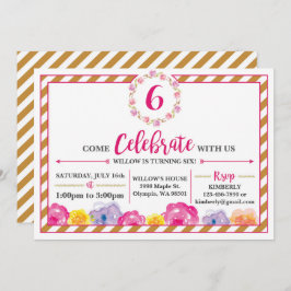 花のストライプのでガーリーな誕生日のパーティの招待状 招待状