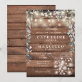 花のストリングライト メイソンジャー ラスティック ウッド ウェディング 招待状 (正面/裏面)