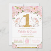 花のゾウの双子ちゃん 1歳の誕生日パーティー 招待状 (正面)